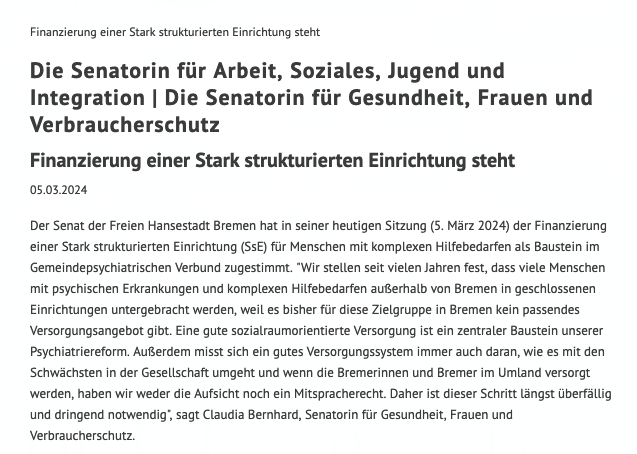 Start strukturierte Einrichtung SsE gGmbH Bremen